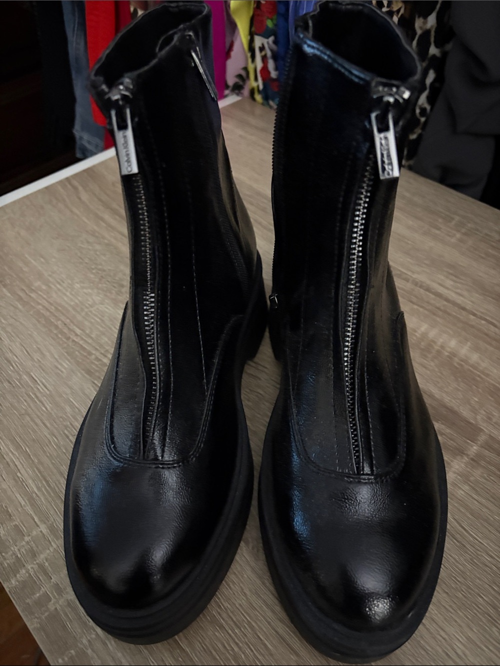 Calvin Klein Black Front-Zip Leather Ankle Booties